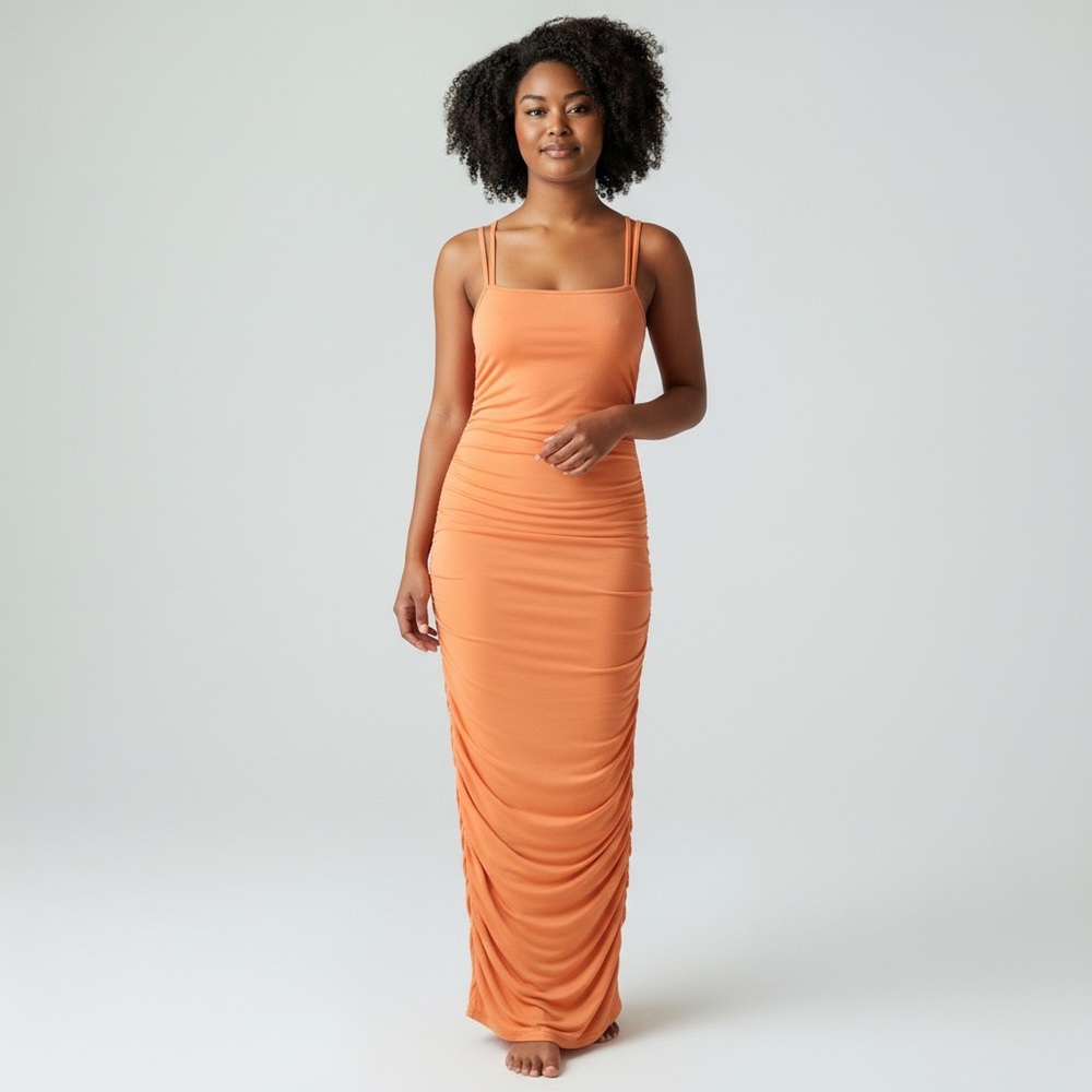 Boohoo Ruched Strappy Bodycon Dress in Coral
